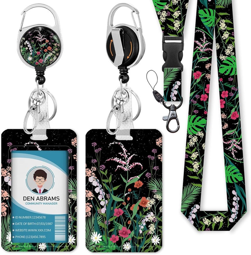 Piefly ID Badge Holder with Breakaway Lanyards, Flowers Floral Badge Holder with Lanyard, Retractable Reel Keychain Name Tag Lanyard Vertical ID Card Protector for Women Teacher Nurses Doctor Student - Image 1